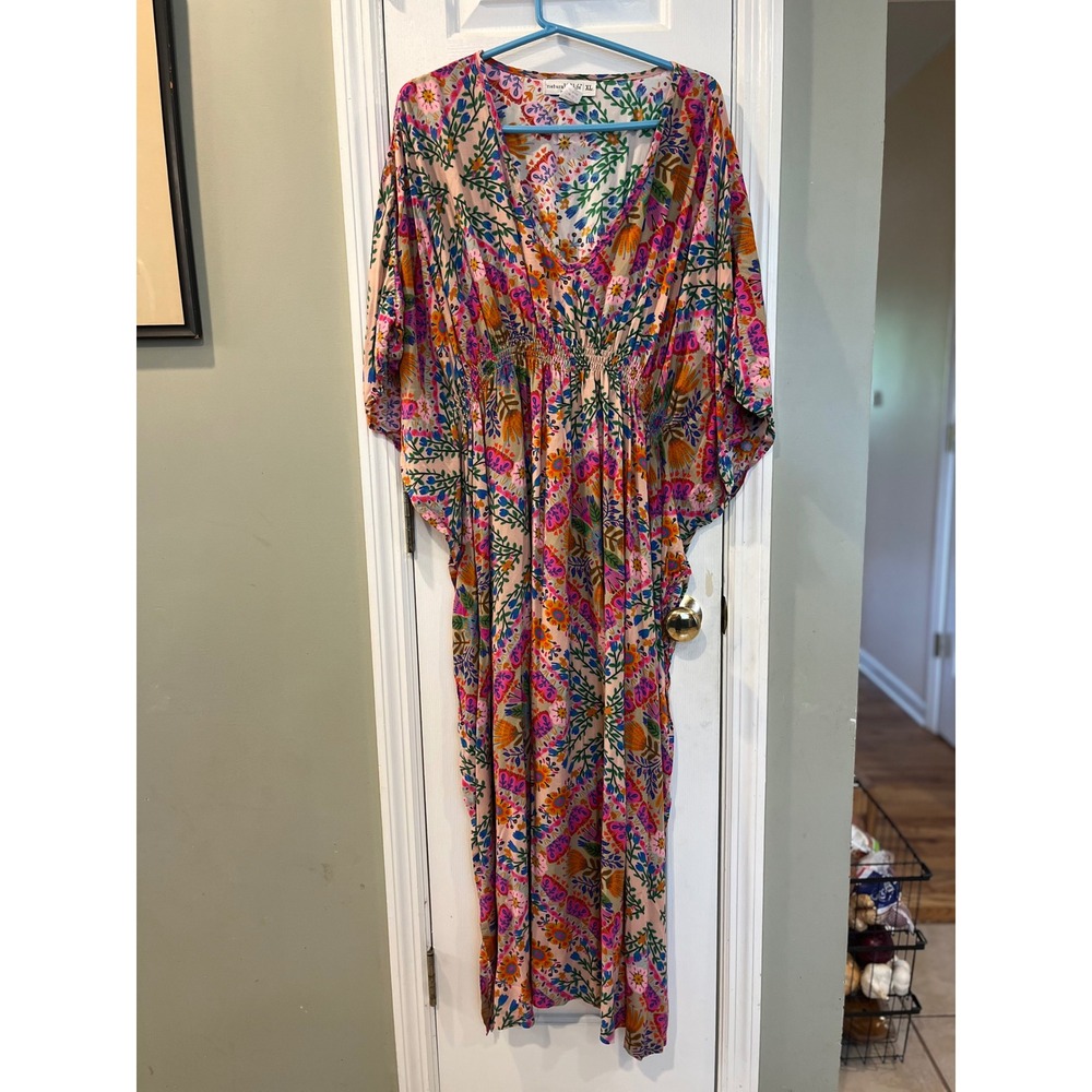Natural Life Floral Kaftan Maxi Dress Pink Blue Boho Smocked Rayon XL